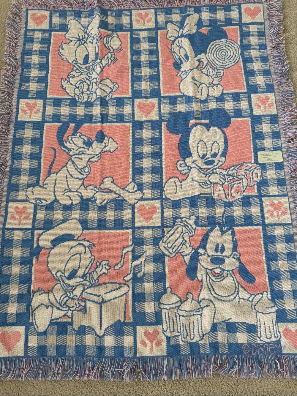 Vintage 1994 Avon Disney Baby Characters Woven Throw Blanket Pink Blue Fringe - Picture 2 of 7